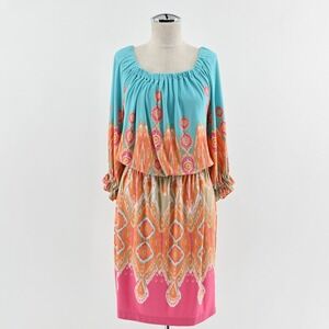 Boston Proper Blouson Dress Size 6 Colorful Ikat Off The Shoulder Boho‎ Vibrant